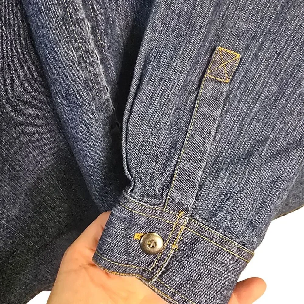 Chicos Vintage Denim Zip-Up Shirt Embroidered & Beaded Camel &Collar Boho READ - Picture 8 of 12